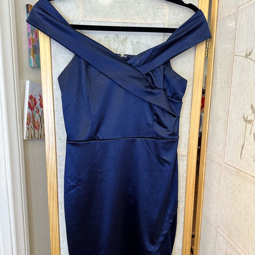 Over the shoulder Blue Satin Dress